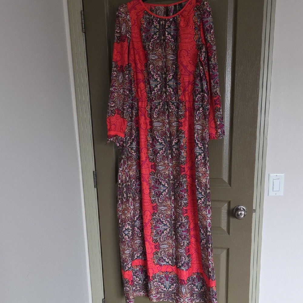 Mango Vibrant Red and Multicolor Long Sleeve Dress